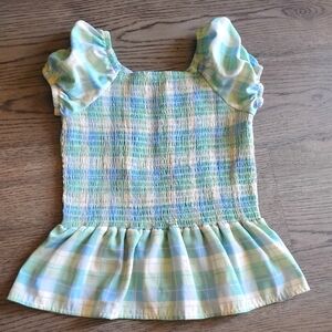 Lily Bleu Plaid Smocked Ruffle Sleeve Peplum Top Blue Green Girls 8